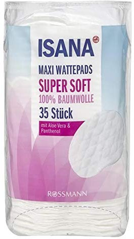 Isana Maxi Wattepads Super Soft: 35 Stück, 100% Baumwolle, sauerstoffgebleicht, weiche und fusselfreie Oberfläche, perfekt für das Auftragen von Lotionen und zum Abschminken, rechteckig, natürlich