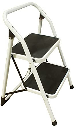 Escalera 2 peldaños Extra Anchos, Taburete Plegable, peldaños y Patas Antideslizantes, Casual, Blanco
