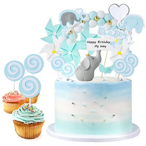 18 Stück Tortendeko Babyparty Junge Elefante Kuchendeko Baby Shower Blau Tortendeko Baby Boy Kuchendeko Tortendekoration Taufe Cupcake Tortenstecker Kuchendeckel Topper …