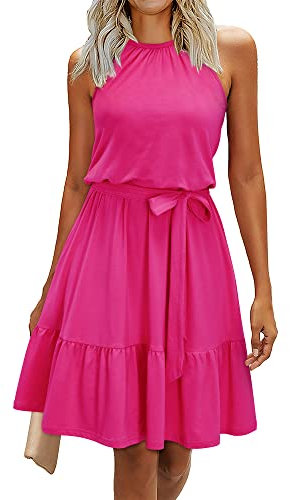 Newshows Sommerkleid Damen Knielang Elegant Kleid Neckholder Sommer Ärmellos Freizeitkleider mit Taschen(Rose rot, L)