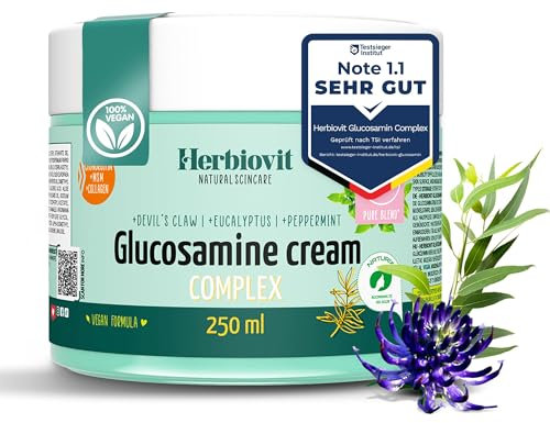 Herbiovit Glucosamin MSM Creme 250ml für Gelenke und Muskelschmerzen | Unterstützt die Regeneration mit Teufelskralle Collagen Eukalyptusöl & Pfefferminze | vegane | schnell einziehend | kühlend