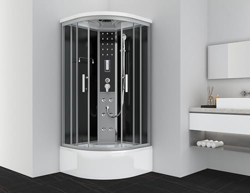 SANOTECHNIK Komplettduschkabine VITA 90×90×215?cm – All?in?One Komplettdusche | ESG?Sicherheitsglas 5?mm, 6 Massagedüsen, Touch?Radio, Klappsitz, Quick?Line Schnellmontage, CL97