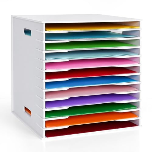 SANFURNEY Scrapbook Paper Organizer for Sizes 12 x 12, 12 Slots File Sorter Storage, Document Holder, Desktop Scrapbook Paper Organizer Rack for Home Office School (White, 12 Slots - Standard Size)