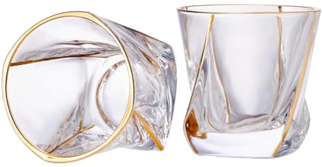 GLASKEY Crystal Whiskey Glasses Set of 2 with 24K Gold Rim,Bar Glasses,Twisted Whiskey Glass Gold Collection for Bourbon,Scotch and Wine,Rock Barware for Men Gift - 8oz