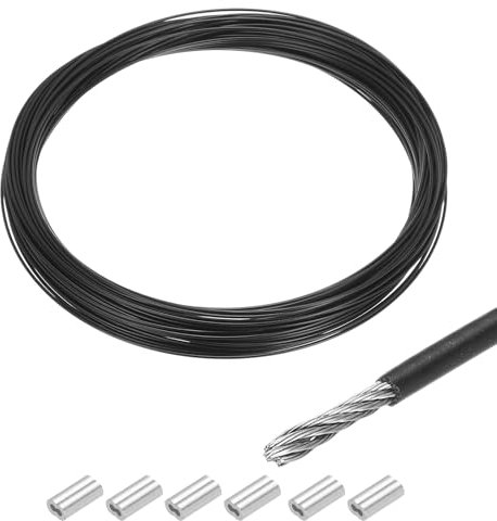 sourcing map Cuerda de alambre de 20 m, cable de acero inoxidable 304 de 1 mm, revestimiento de vinilo con 6 fundas de aluminio para colgar, tendederos, elevación, color negro