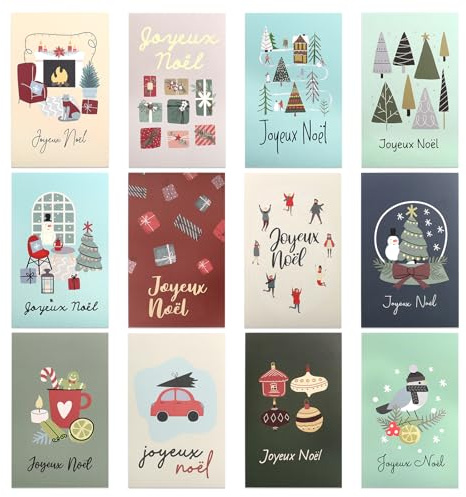 Kesote Carte Noel avec Enveloppe en Français 24 Feuilles Cartes de Voeux Carte Cadeau Joyeux Noel 2 Feuilles par Motif, 24 au Total