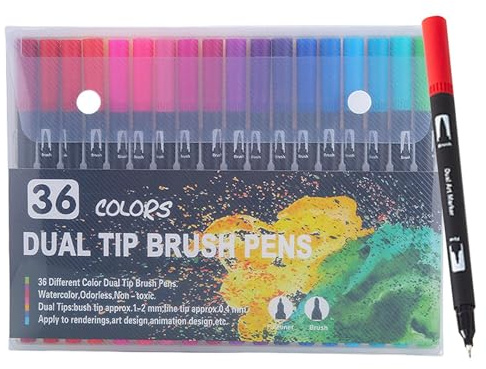 Brush Marker Pens, Double Tip Fine Markers and Brush Set - Adult Double Tip Colouring Marker Kit | Double Tip Marker Pens Neck Numbered