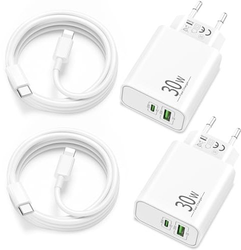 30W 2-Puerto Cargador Carga Rapida para iPhone 14 13 12 11 Pro MAX Plus Mini XS XR X SE 8 7 6, for AirPods/iPad, Rapido USB-C USB-A Enchufe PD3.0 Cargador Adaptador con 2M Cable 4-Pack
