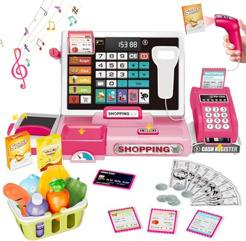 SliBoeyX Cash Register Playset Toy for Kids, Real Calculator Register, Pretend Play Store with Music, Scanner, Play Money, Food, Preschool Learning Toy Playset Gift (pink)