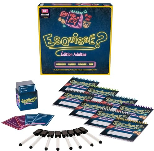 Goliath - ESQUISSÉ ? ÉDITION Adultes – Jeu d’Ambiance Adulte- Party Game Dessins & Devinettes - en Français - 100 Cartes, 8 carnets effaçables, Feutres & Chiffons- 4–8 Joueurs - 30 Min - 18+ Ans