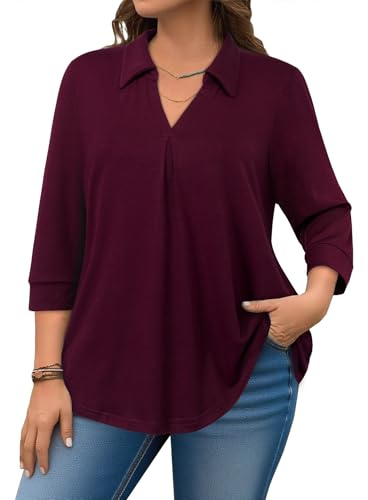 Amrto Plus Size 3/4 Sleeve Tops for Women Fall Outfits 2025 Ladies Tops and Blouses Elegant Business Work Shirts Chiffon Interview Office Clothing Flowy Tunic Fancy Loose Older Casual, Wine Red, 3XL