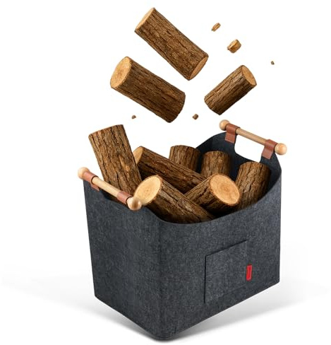 Siegvoll Cesta Leña de Chimenea de Fieltro con Asas Reforzadas, XL Cesta de Leña 45x32x40cm para Compras, Leña, Periódicos