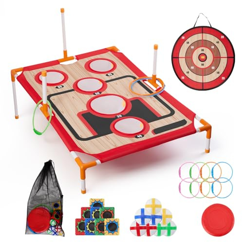 Bean Bag Toss & Ball Toss & Ring Toss Backyard Games,5 in 1 Indoor Outdoor Throwing Party Games with 8 Tossing Rings,8 Bean Bags,8 Sticky Balls & Frisbee,Garden Games for Kids and Adults