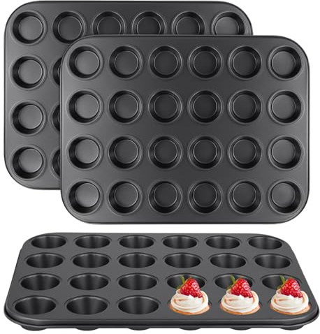 FUNSUEI Uppsättning av 3 mini muffinsbrickor, 24 koppar, bakpannor, non-stick muffinsburkar, återanvändbara formar för mincekspajer och muffins, 34 x 26 x 2,5 cm svart