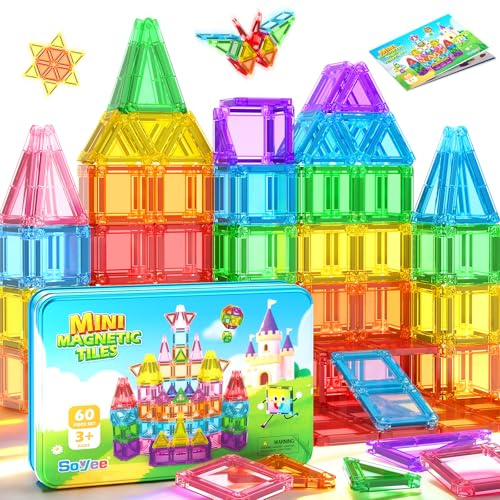 Soyee Easter Basket Stuffers for Toddler Kids Mini Magnetic Tiles 60PCS Toddler Kids Toys Travel Set with Metal Tin Case, Portable STEM Building Blocks Kids Toy for 3-12 Year Old Boys & Girls
