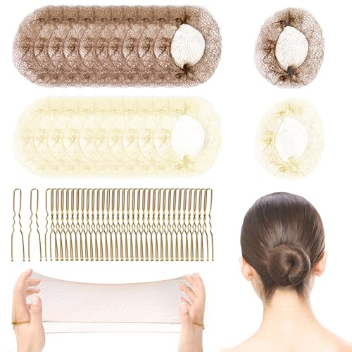 Songella Redecillas de Pelo Invisibles 20 Piezas Beige Marrón Claro Redecilla Moño con Horquillas de Oro en Forma de U 50 Piezas para Mujeres Niñas