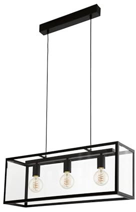 EGLO Charterhouse pendellampa, 3-flammig vintage pendellampa | hängande lampa i stål, färg: svart, glas: klart, sockel: E27