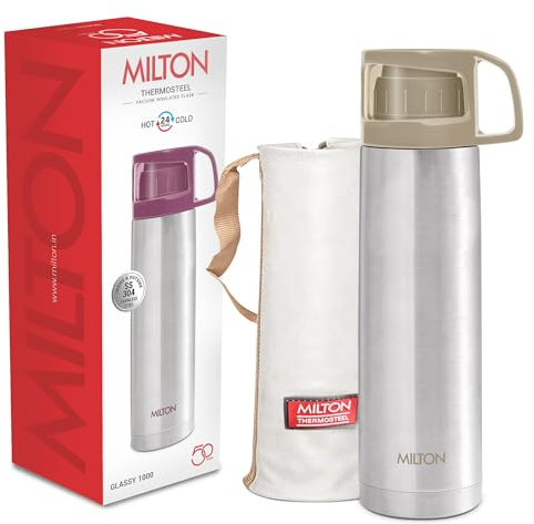 Milton insulated water bottle 1 litre (34 oz) of stainless steel with cup & Cover, Double walled vacuum thermal flasks for hot drinks, Leakproof, for travel, sports, camping, hiking, Glassy-1000 Grey
