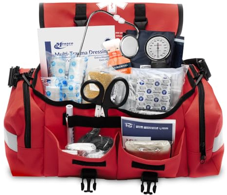 MFASCO Complete Emergency Response First Aid Kit Trauma Bag - 415 Piece Fully Stocked Supplies for Disaster Preparedness | for Business, Schools, Organizations, Groups, Home Safety (Reflective - Red)