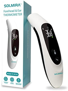 SOLMIRA Termometro Febbre Infrarossi, Frontale e Auricolare, Senza Contatto, Misurazione Istantanea, Alta Precisione, Adatto a Neonati, Bambini e Adulti