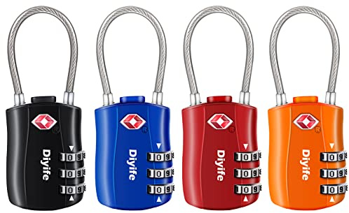 Diyife Serrures à Bagages TSA 4 Pack, Cadenas de sécurité à 3 Chiffres, Noir Bleu Rouge Orange