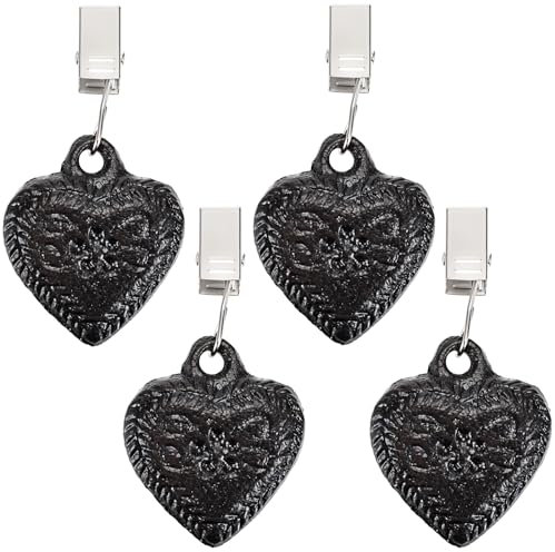 SUMTree 4-piece Cast Iron Antique Heart Shape Tablecloth Weights, Pendant Tablecloth Weights Hangers with Metal Clips, Table Cover Weights for Party, Wedding, Picnic, Black