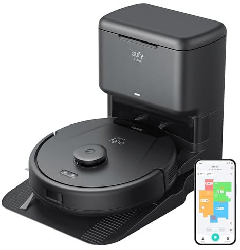 eufy Clean L60 SES Robot Aspirapolvere con Stazione Autopulente, Ultra potente da 5000 Pa, Navigazione Laser iPath, per la pulizia profonda dei pavimenti, per capelli e pavimenti duri