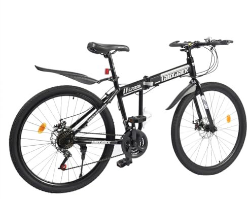 unkonwcy Mountainbike Scheibenbremse Fully MTB Erwachsene Faltrad Klappfahrrad Damenfahrrad Klappbar HerrenfahrräDer Hochfester Stahlrahmen Mit Schutzblech Unisex 21 Gang-Schaltungfahrrad 26 Zoll
