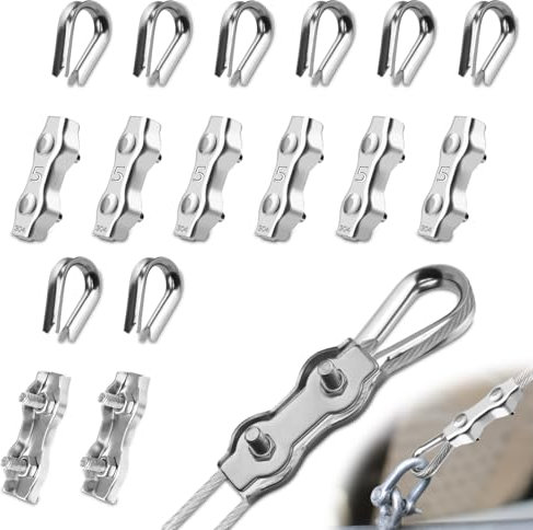 Mbsomnus Set di 16 morsetti per fune metallica M5, con 8 morsetti per funi da 5 mm e 8 pezzi per fune metallica da 5 mm, in acciaio inox 304, morsetti duplex per cavi d'acciaio, tendicavo fissati