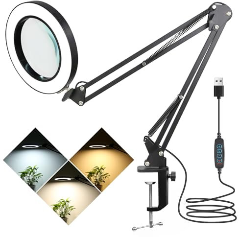 SILAMPDI Magnifying Glass with Light 10X Magnifying Lamp, 3 Color Modes Lighted Magnifying Glass, Black LED Magnifier Lamp with Clamp for Crafts Close Work, 15W, CRI 90