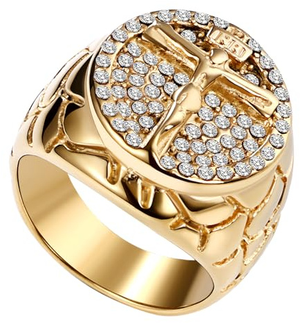 Flongo Jesus korsring för män: Guld rostfritt stål vintage religiösa ringar zirkonia glitter sigillring amulett lyckobringare skydd jul män gåvor dop bön smycken ringstorlek 57–71
