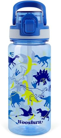 wooshwa Trinkflasche mit Strohhalm 600ml Auslaufsicher Sport Trinkflaschen Wasserflasche zum Wandern & Fitnessstudio mit Tragegriff BPA-frei - Dinosaurier