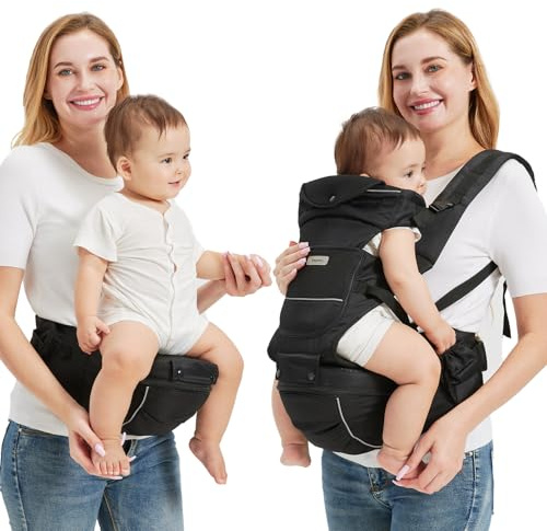 Sageky 2-in-1 Baby-Trage mit Hüftsitz | 6 verstellbare Tragepositionen | M-förmige Hüftstütz-Design | Atmungsaktive & leichte Ausführung (Schwarz)