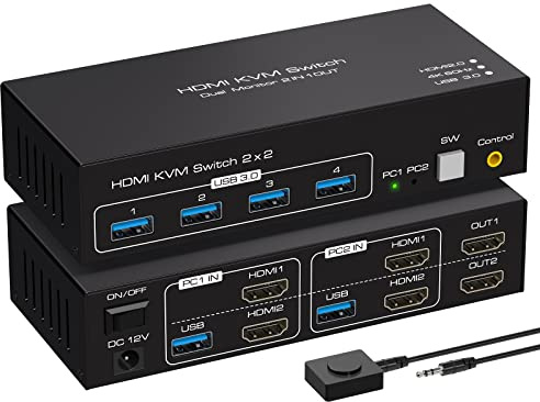 VPFET HDMI KVM Switch 2 PC 2 Monitore 4K60Hz KVM Switches Dual Monitore mit 4 USB Ports Unterstützung Kopieren und Erweiterte Anzeige und Desktop Steuerung Inklusive 2 USB3.0 Kabel