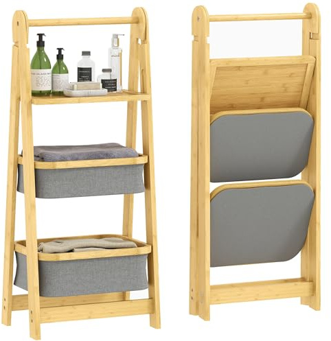 HOMCOM Estantería para Baño Plegable de Bambú, Estante de Baño con 2 Cestos para Ropa Sucia, Estante Abierto, para Dormitorio, Lavadero, Gris