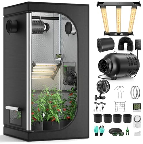 MINENICE Set completo con lampada a spettro completo M1500 LED a spettro completo, 80 x 80 x 160 cm, Grow Tent 4 215 CFM 3000 RPM, set di ventilazione silenzioso ed efficiente, ventole a 4 marce