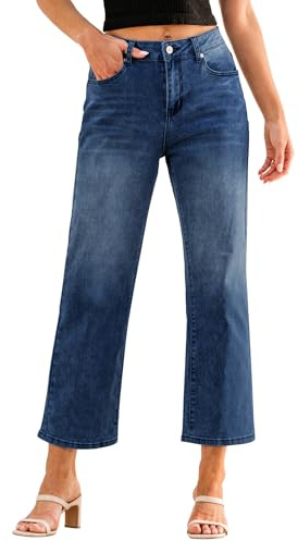 Roskiky Cropped Jeans for Women UK High Waisted Straight Leg Stretchy Denim Capris Pants with Pockets