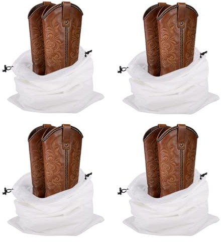 Klmnop 4 Pcs Cowboy Boot Bags for Travel and Storage, Washable Breathable Flannel Cotton Drawstring Pouches, Shoe Storage Bag for Cowboy Boot Protection, 12.5x21 Inch(White)