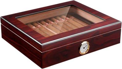 Estuche Humidor para Puros con Humidificador E Higrómetro. Estuche De Viaje De Madera De Cedro para Puros con Tapa De Cristal. Caja para Puros con Divisor. Capacidad para 35 Puros. Regalos, C