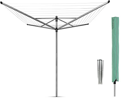 Brabantia Lift-O-Matic Outdoor 4 Arm Clothesline (164 ft/Ø 1.8) Height Adjustable, Folding Clothes Drying Rack + Ground Spike & Cover (Gray)