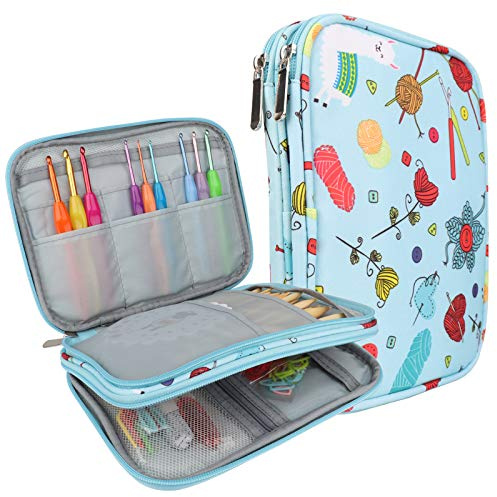 Coopay Borsa Porta Ferri da Maglia, Borsa di Stoccaggio per Uncinetti, per Ferri da Maglia Circolari Intercambiabili Uncinetto Accessori per Cucire, Cerniera Portatile, Azzurro