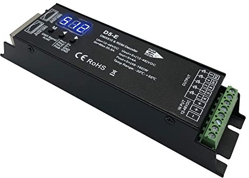 5 Channel DMX Decoder with RDM Digital Display,DMX512 Dimmer Driver PWM LED Controller for RGBCCT,RGBWW,RGBW or 5 White lightstrips LED Module Light Input 12V-48VDC