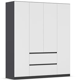 Rauch Möbel Mainz Armoire à portes pivotantes Blanc/gris métallisé, noir, 4 portes avec 2 tiroirs, avec kit d'accessoires Basic 3 étagères, 3 tringles à vêtements, sans poignées, l x h x p 181 x 210 x