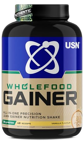 USN Wholefood Muscle Gain Protein Powder, Vanilla Flavour - 2kg, Natural Muscle Growth & Mass Gainer, All-in-One 30g Vegan Protein Powder, Meal Replacement & Dietary Supplement Protein Shake Mix