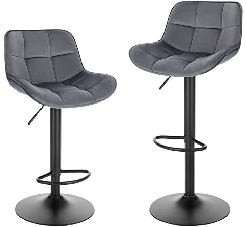 EUGAD Barhocker 2er Set, höhenverstellbar 360° drehbar, Barstuhl mit Rückenlehne Fußstütze, Polsterhocker mit Samtbezug, ergonomischer Hocker im Bar, Sitz 49x36 cm, aus Metall, Dunkelgrau