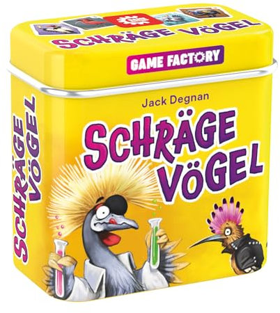 Game Factory 646091 Schräge Vögel, pfiffig-fieses Kartenspiel, Mini-Spiel in handlicher Metalldose, einfaches Reisespiel für Erwachsene und Kinder ab 8 Jahren