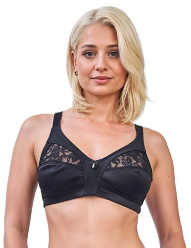 GA COMMUNICATIONS Ladies Non Wired Firm Control Satin Lace Brassieres Soft Cup Comfortable Womens Non-Wired Extra Supportive Non Padded Underwear Everyday Bra UK (Black, 42-DD)