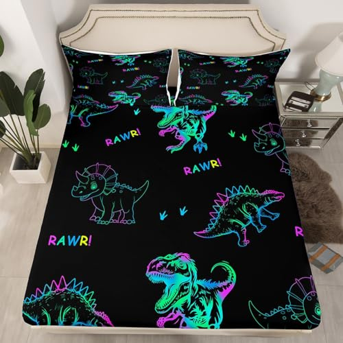 Trippy Dinosour Kids Fitted Sheet Full Size,Wildlife Animals Paws Toddle Bedding Set,Boys Men Room Decor,Watercolor Neon Dinosaur Bed Cover,Black Cute Bed Sheet,2 Pillowcases