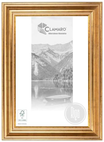 CLAMARO RIGA Marco de fotos antiguo, 85 x 120 cm, madera maciza, dorado, 68 mm de ancho, barra barroca estilo shabby chic, marco de madera con cristal acrílico, pared trasera, colgador de metal