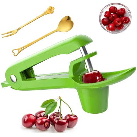 Cherry Pitter Tool,Remove Heavy-Duty Stainless Steel Fruit Core Stoner Seed Cherries Tool With Lock Design For Making Fresh Cherry Jam By Hand (Black),Dessert Spoon & Fruit Fork Including (green)